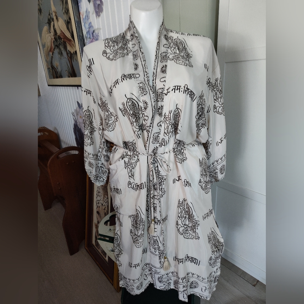 Karma Highway white kimono-style Ohm robe black Hindu devotional text OSFM 10-16